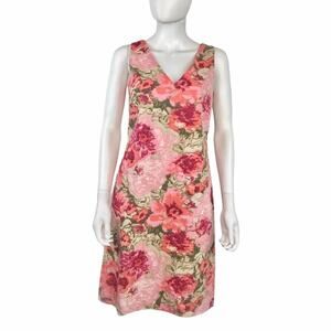Talbots NWT Pink & Red Floral Dress Knee Length Brocade Print Cotton V-neck